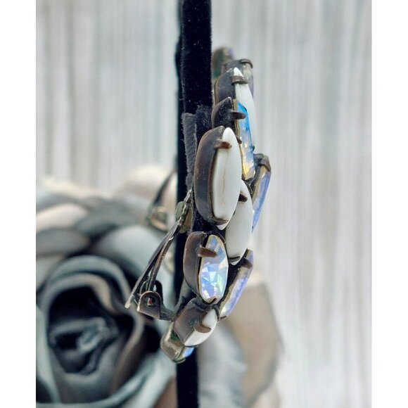 La Roco VINTAGE Milk Glass & AB Navette Crystal Clip On Earrings Large Climbers - Picture 8 of 10